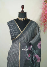 Elephant Grey - Pragathi - Linen Cotton Saree Floral pallu with Tiny Border - Perfect for Office Wear | Summer wear | Casual Wear