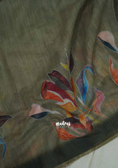 Olive Grey - Pragathi - Linen Cotton Saree Big Leaf Print wiht Contrast Blouse - Perfect for Office Wear | Summer wear | Casual Wear