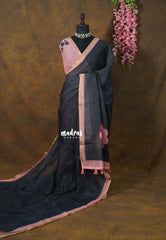 Midnight Black - Pragath - Linen Cotton Saree Plain with Checks Border and Blouse - Perfect for Office Wear | Summer wear | Casual Wear