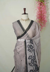 Taupe Grey - Pragathi - Linen Cotton Saree with Buttas Leaf Border - Perfect for Office Wear | Summer wear | Casual Wear