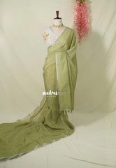 Olive Sage Mist - Pragath - Linen Cotton Saree Stripes with Tiny Border - Perfect for Office Wear | Summer wear | Casual Wear