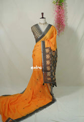 Pumpkin Orange - Pragathi - Linen Cotton Saree Buttas with Tiny Border - Perfect for Office Wear | Summer wear | Casual Wear
