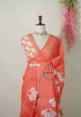 Peach Orange - Pragathi - Linen Cotton Saree with Buttas Leaf Border - Perfect for Office Wear | Summer wear | Casual Wear
