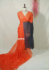 Sunset Orange - Pragathi - Linen Cotton Saree Contrast Pallu - Perfect for Office Wear | Summer wear | Casual Wear