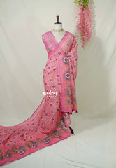 Pinkish Peach - Pragathi - Linen Cotton Saree Floral Print and Tiny Border - Perfect for Office Wear | Summer wear | Casual Wear