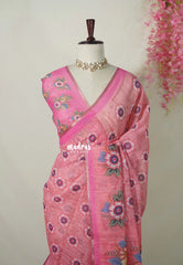 Pinkish Peach - Pragathi - Linen Cotton Saree Floral Print and Tiny Border - Perfect for Office Wear | Summer wear | Casual Wear