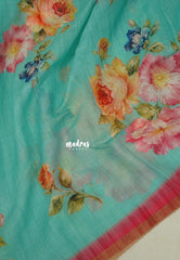 Aqua Green - Pragath - Linen Cotton Saree with Floral Prints - Perfect for Office Wear | Summer wear | Casual Wear