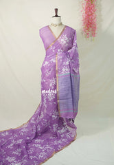 Lilac Purple - Pragath - Linen Cotton Saree with Floral Prints - Perfect for Office Wear | Summer wear | Casual Wear