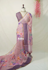 Muted Onion Pink - Pragath - Linen Cotton Saree with Floral Prints - Perfect for Office Wear | Summer wear | Casual Wear
