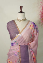 Muted Onion Pink - Pragath - Linen Cotton Saree with Floral Prints - Perfect for Office Wear | Summer wear | Casual Wear