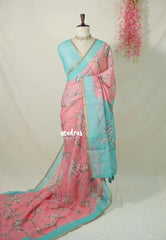 Peach Pink - Pragath - Linen Cotton Saree with Floral Prints - Perfect for Office Wear | Summer wear | Casual Wear
