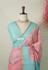 Peach Pink - Pragath - Linen Cotton Saree with Floral Prints - Perfect for Office Wear | Summer wear | Casual Wear