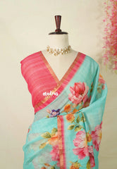 Aqua Green - Pragath - Linen Cotton Saree with Floral Prints - Perfect for Office Wear | Summer wear | Casual Wear