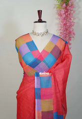 Peach Red - Pragathi - Linen Cotton Saree Plain with Checks Border and Blouse - Perfect for Office Wear | Summer wear | Casual Wear