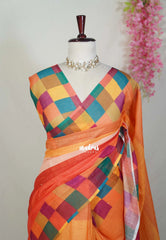 Amber Orange - Pragathi - Linen Cotton Saree with Checks Border and Blouse - Perfect for Office Wear | Summer wear | Casual Wear