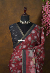 Reddish Maroon - Pragath - Linen Cotton Saree with Pichwai Lotus and Cow Prints - Perfect for Office Wear | Summer wear | Casual Wear