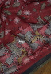 Reddish Maroon - Pragath - Linen Cotton Saree with Pichwai Lotus and Cow Prints - Perfect for Office Wear | Summer wear | Casual Wear
