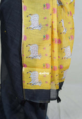 Elephant Black - Pragathi - Linen Cotton Saree with Pichwai Pallu and Blouse and Buttas - Perfect for Office Wear | Summer wear | Casual Wear