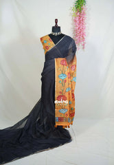 Midnight Black - Pragathi - Linen Cotton Saree with Pichwai Pallu and Blouse - Perfect for Office Wear | Summer wear | Casual Wear