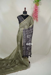 Olive Tone - Pragathi - Linen Cotton Saree with Batik Prints Contrast Pallu and Blouse - Perfect for Office Wear | Casual Wear