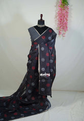 Elephant Black - Pragathi - Linen Cotton Saree with Ball Butta Prints - Perfect for Office Wear | Summer wear | Casual Wear