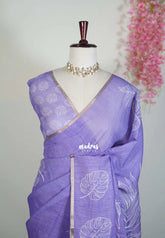 Soft Lavender - Pragathi - Linen Cotton Saree with Leaf Prints - Perfect for Office Wear | Summer Wear | Casual Wear
