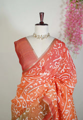Coral Orange - Pragathi - Linen Cotton Saree with Floral Prints - Perfect for Office Wear | Summer Wear | Casual Wear