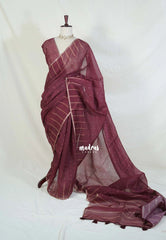 Wine Brown - Pragathi - Linen Cotton Saree with Buttas Prints and Stripes Border - Perfect for Office Wear | Summer wear | Casual Wear