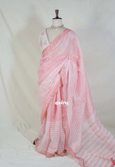 Peach Blush Pink - Pragathi - Linen Cotton Saree with Multiline Big Border - Perfect for Office Wear | Summer wear | Casual Wear