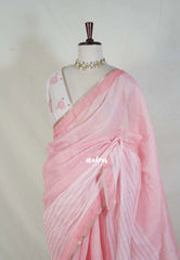 Peach Blush Pink - Pragathi - Linen Cotton Saree with Multiline Big Border - Perfect for Office Wear | Summer wear | Casual Wear