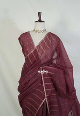 Wine Brown - Pragathi - Linen Cotton Saree with Buttas Prints and Stripes Border - Perfect for Office Wear | Summer wear | Casual Wear