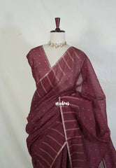 Wine Brown - Pragathi - Linen Cotton Saree with Buttas Prints and Stripes Border - Perfect for Office Wear | Summer wear | Casual Wear