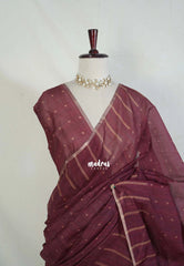 Wine Brown - Pragathi - Linen Cotton Saree with Buttas Prints and Stripes Border - Perfect for Office Wear | Summer wear | Casual Wear