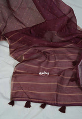 Wine Brown - Pragathi - Linen Cotton Saree with Buttas Prints and Stripes Border - Perfect for Office Wear | Summer wear | Casual Wear