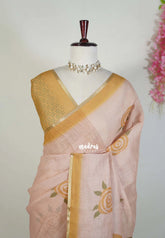 Sand Brown - Pragathi - Linen Cotton Saree with Flower Prints and Contrast Blouse - Perfect for Office Wear | Casual Wear