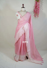 Strawberry Milk Pink - Pragathi - Linen Cotton Saree with Floral Blouse - Perfect for Office Wear | Casual Wear
