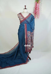 Marine Blue - Pragathi - Linen Cotton Saree with Kalamkari Floral Prints Pallu and Blouse - Perfect for Office Wear | Casual Wear