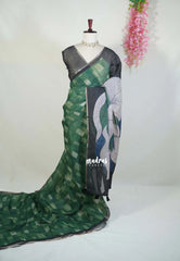 Forest Green - Pragathi - Linen Cotton Saree with Digital Prints and Contrast Blouse - Perfect for Office Wear | Casual Wear