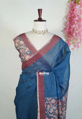 Marine Blue - Pragathi - Linen Cotton Saree with Kalamkari Floral Prints Pallu and Blouse - Perfect for Office Wear | Casual Wear