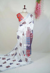 Pearl White - Linen Cotton Saree with Tissue Border Ajrakh Indian Art Printed Pallu and Blouse - Perfect for Office Wear | Summer wear | Casual Wear