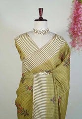 Mehndi Olive Green - Pragathi - Linen Cotton Saree with Stripes with Floral Prints - Perfect for Office Wear | Casual Wear