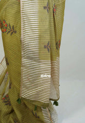 Mehndi Olive Green - Pragathi - Linen Cotton Saree with Stripes with Floral Prints - Perfect for Office Wear | Casual Wear