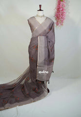 Muted Brown - Pragathi - Linen Cotton Saree with Stripes with Floral Prints - Perfect for Office Wear | Casual Wear