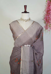 Muted Brown - Pragathi - Linen Cotton Saree with Stripes and Floral Prints - Perfect for Office Wear | Casual Wear