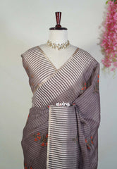 Muted Brown - Pragathi - Linen Cotton Saree with Stripes with Floral Prints - Perfect for Office Wear | Casual Wear