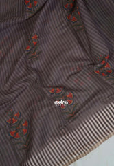 Muted Brown - Pragathi - Linen Cotton Saree with Stripes with Floral Prints - Perfect for Office Wear | Casual Wear
