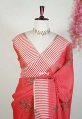 Chilli Red - Pragathi - Linen Cotton Saree with Stripes and Floral Prints - Perfect for Office Wear | Casual Wear