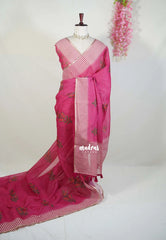 Queen's Pink - Pragathi - Linen Cotton Saree with Stripes with Floral Prints - Perfect for Office Wear | Casual Wear