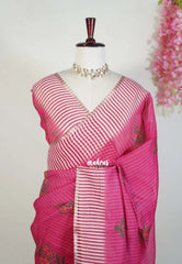 Queen's Pink - Pragathi - Linen Cotton Saree with Stripes with Floral Prints - Perfect for Office Wear | Casual Wear