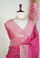 Queen's Pink - Pragathi - Linen Cotton Saree with Stripes with Floral Prints - Perfect for Office Wear | Casual Wear